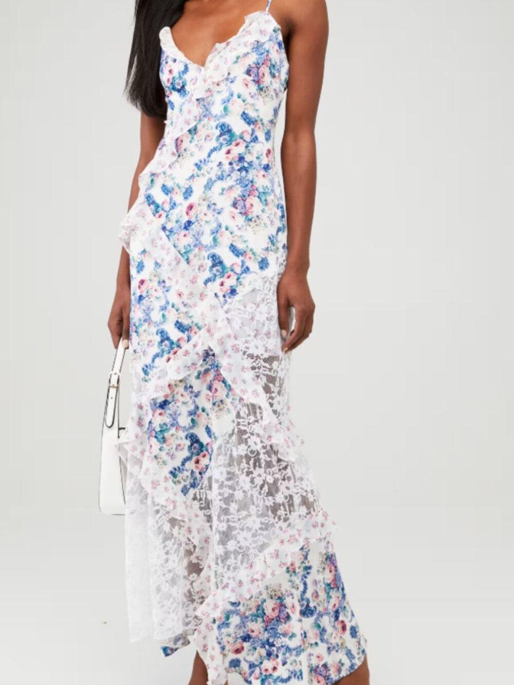 For Love And Lemons White Floral Lace Maxi Dress with Pink & Blue Accents